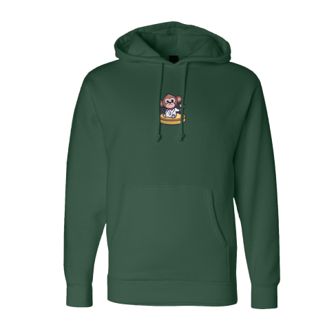 A green hoodie with a monkey on it